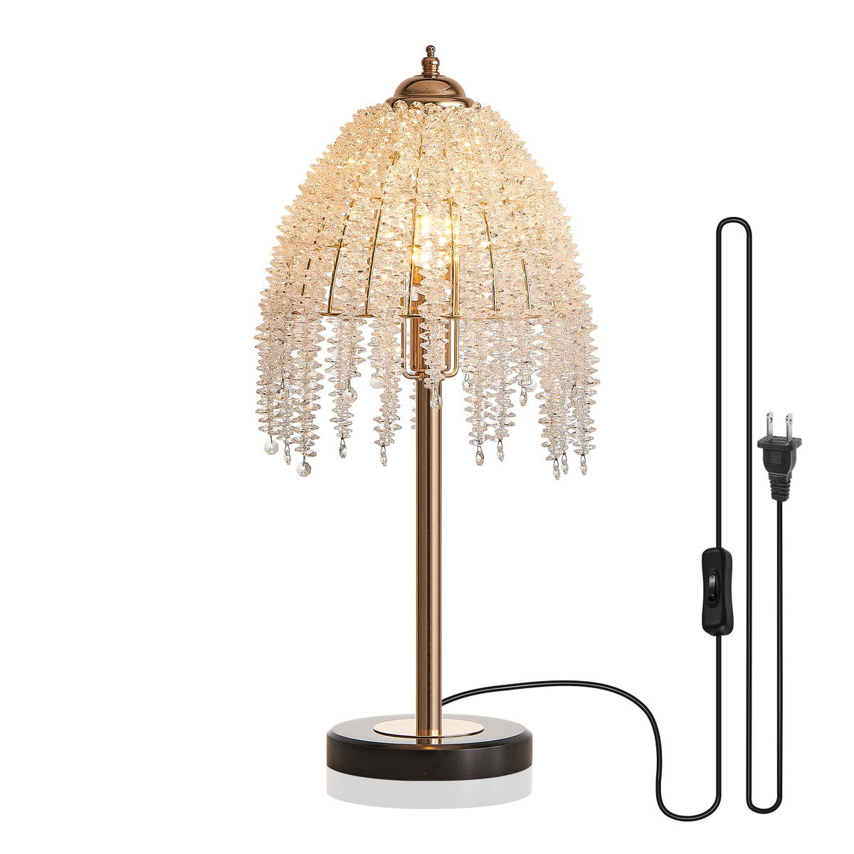 19inch H Elegant Crystal Table Lamp Vintage Waterfall Design With Crystal Bead String Shades And Marble Textured Base For Living Room, Bedroom, Or Office Bulb Not Included