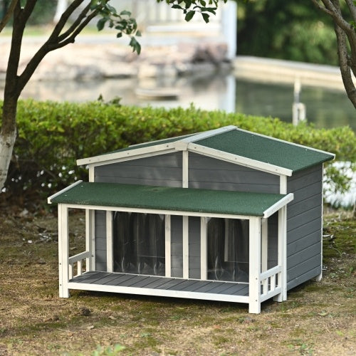 GO 47.2 Large Wooden Dog House Outdoor, Outdoor & Indoor Dog Crate, Cabin Style, With Porch, 2 Doors, Gray And Green