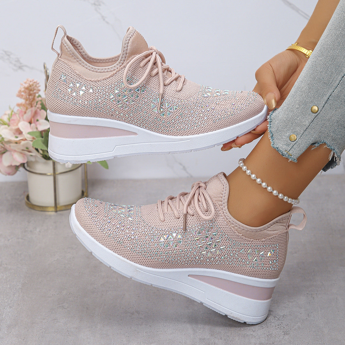 Ins Rhinestone Sneakers Fashion Lace Up Wedges Casual Shoes Women's Daily Commuting Sports Shoes