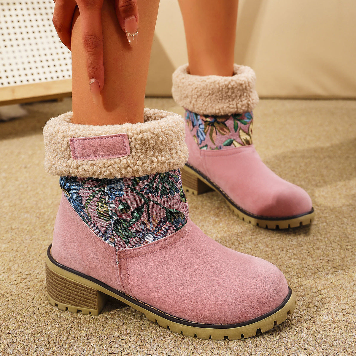 Flowers Embroidered Snow Boots Ethnic Style Platform Thick Square Heel Mid-Tube Boot Winter Warm Cotton Shoes For Women
