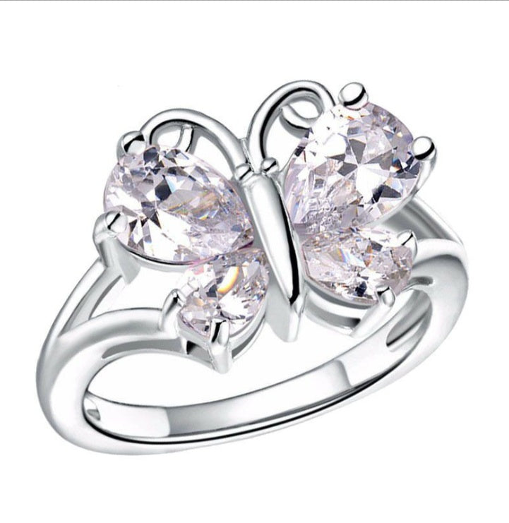 Domineering Butterfly Ring Color Crystal Butterfly Silver Ring