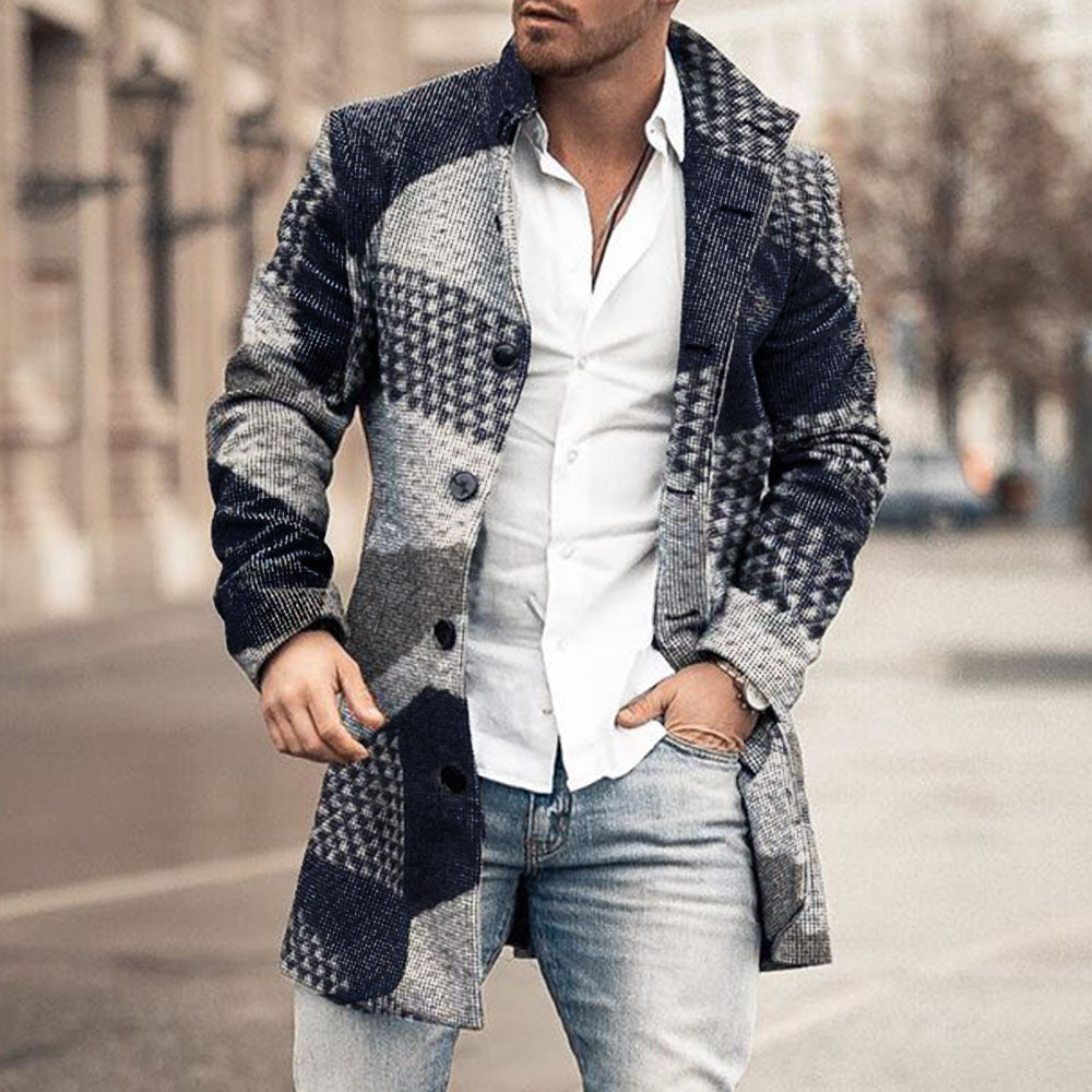 New Men's Woolen Stand Collar Mid-Length Casual Coat with Pockets
