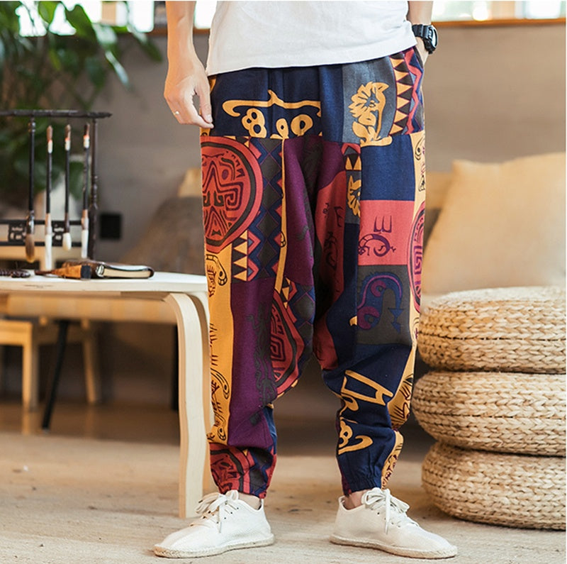 Chinese Style Printed Casual Pants Men Loose