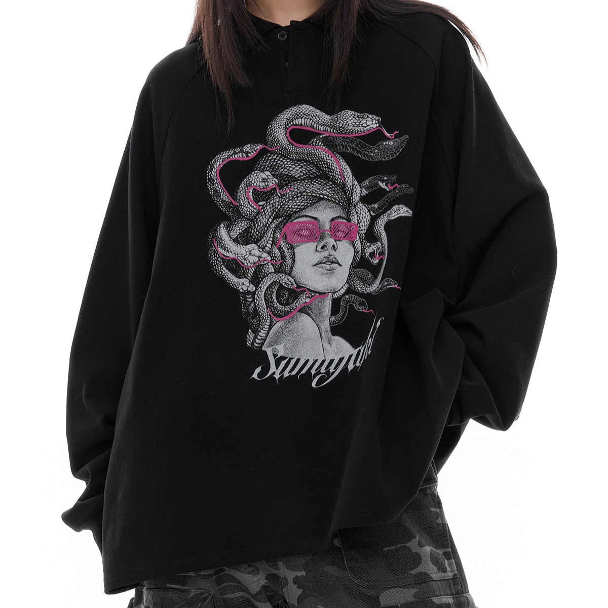 Knitted Medusa Snake Year Polo Long-Sleeved T-Shirt Top Autumn And Winter Black Primer Sweater