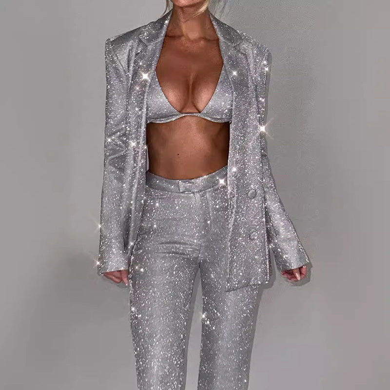 3pcs Shiny Long-sleeved Suit with Bra Lapel Blazer and Straight-Leg Trousers Fashion Party Jacket Set for Women Clothing