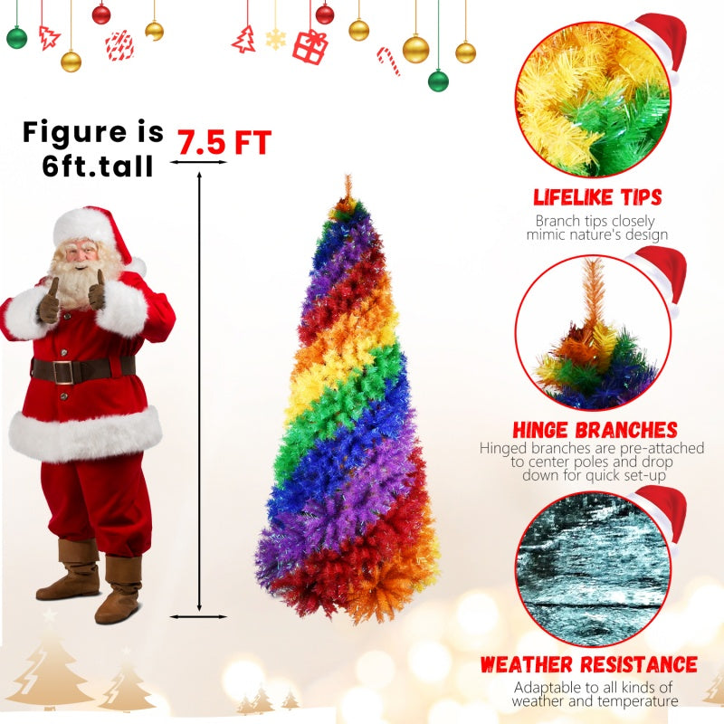6FT 7.5FT Artificial Colorful Rainbow Christmas Tree, Hinged Xmas Tree With PVC Branch Tips