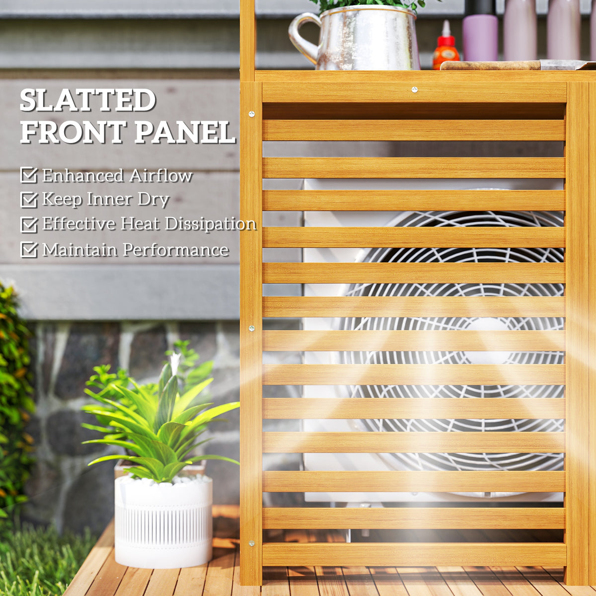 Outdoor Air Conditioner Fence Privacy Screen, Wood AC Fence Potting Table with Shelves for Patio, Light Brown