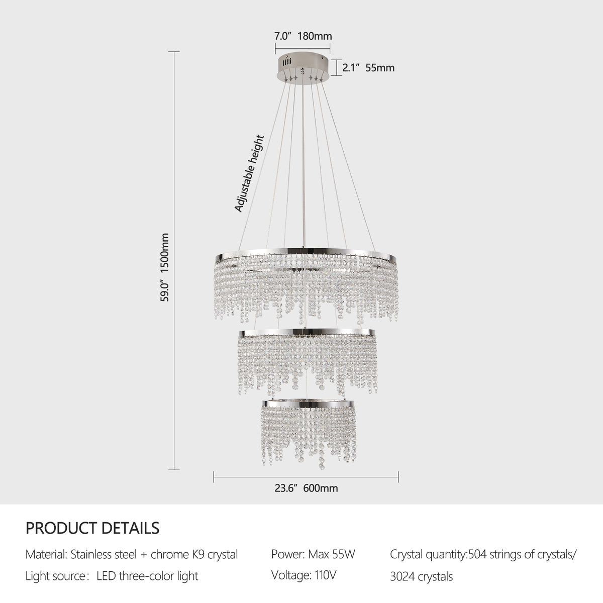24-inch Crystal Chandelier LED Ceiling Lamp, Adjustable Color Temperature 3000K 4000K 6000K, Height Adjustable, Luxury Round Chandelier, Suitable For Living Room, Dining Room, Bedroom