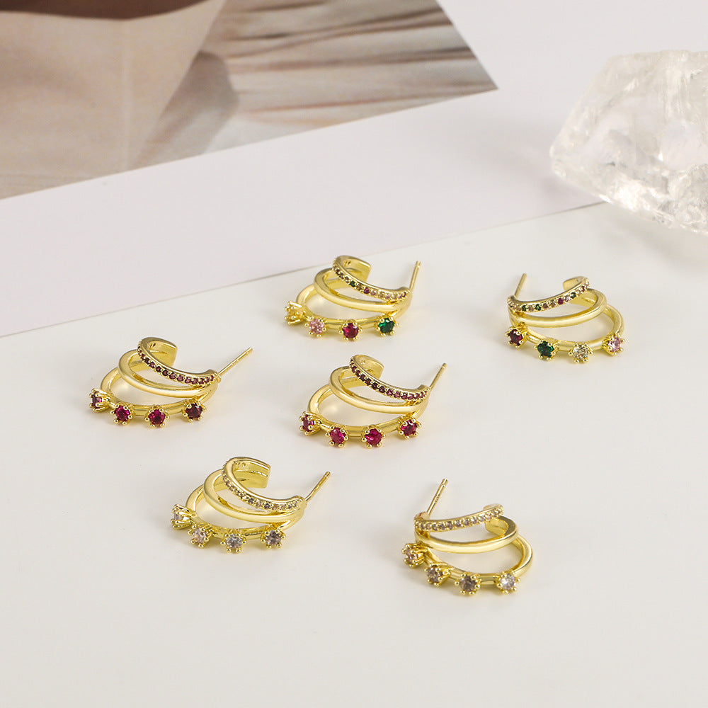 Fashion Three Rings Multilayer Diamond Earrings