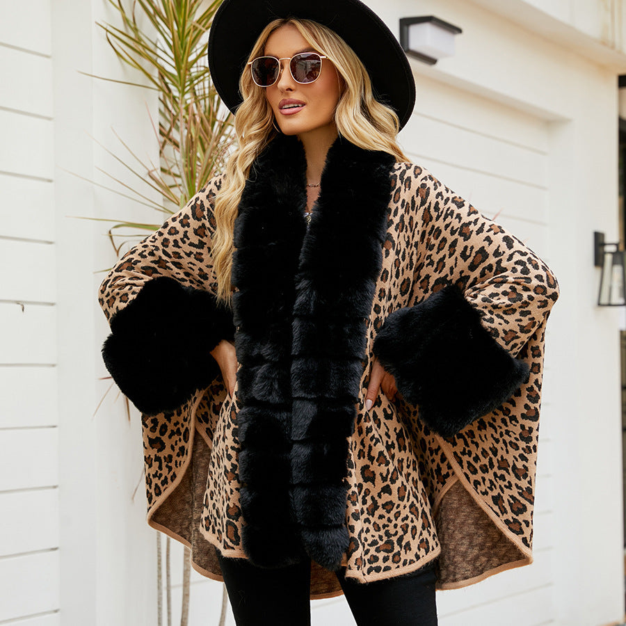 Women's Leopard Winter Imitate Rex Rabbit Fur Warm Thickened Cape Coat