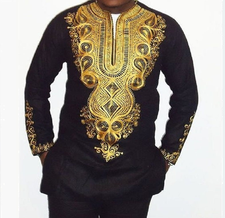 African Style Ethnic Print V-Neck Long-Sleeved T-Shirt