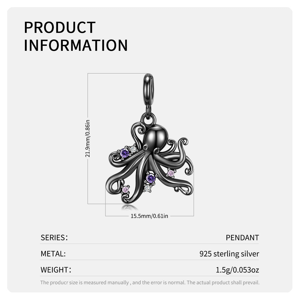 S925 Sterling Silver Electroplated Black Gold Octopus Pendant Necklace