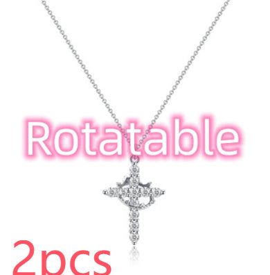 Fashion Jewelry Cross Full Diamond Crown Rotatable Necklace