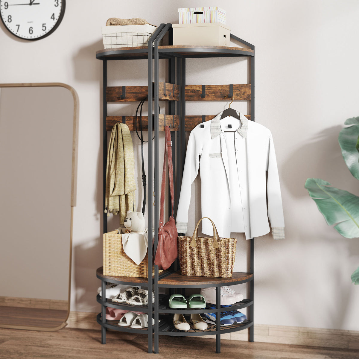 Corner Hall Tree, Industrial 4-Tier Coat Rack with Shoe Storage, 8 Movable Hooks and 2 Shelves for Hallway, Rustic Brown