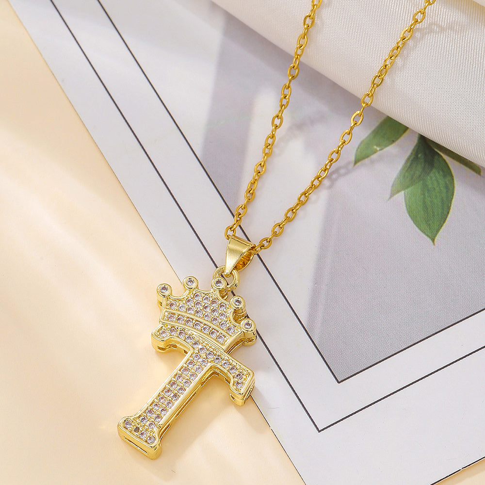 1PCS Fashionable Gold Diamond Crown Uppercase Letter Popular Pendant Necklace, Suitable For Daily Use, Festivals, Parties, Gifts Jewelry Set