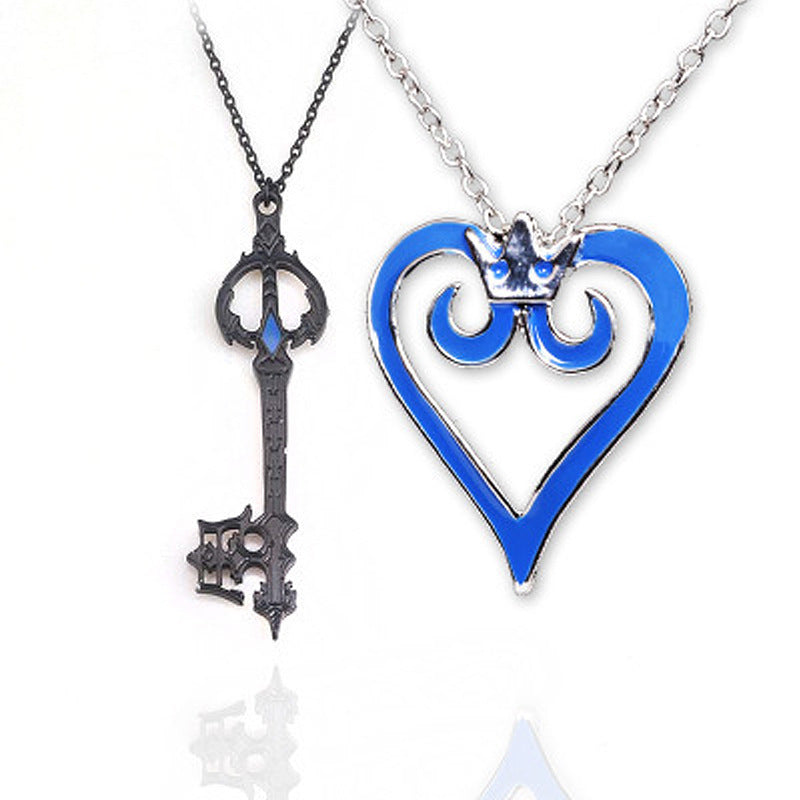 Blue Heart-Shaped Crown Necklace Key