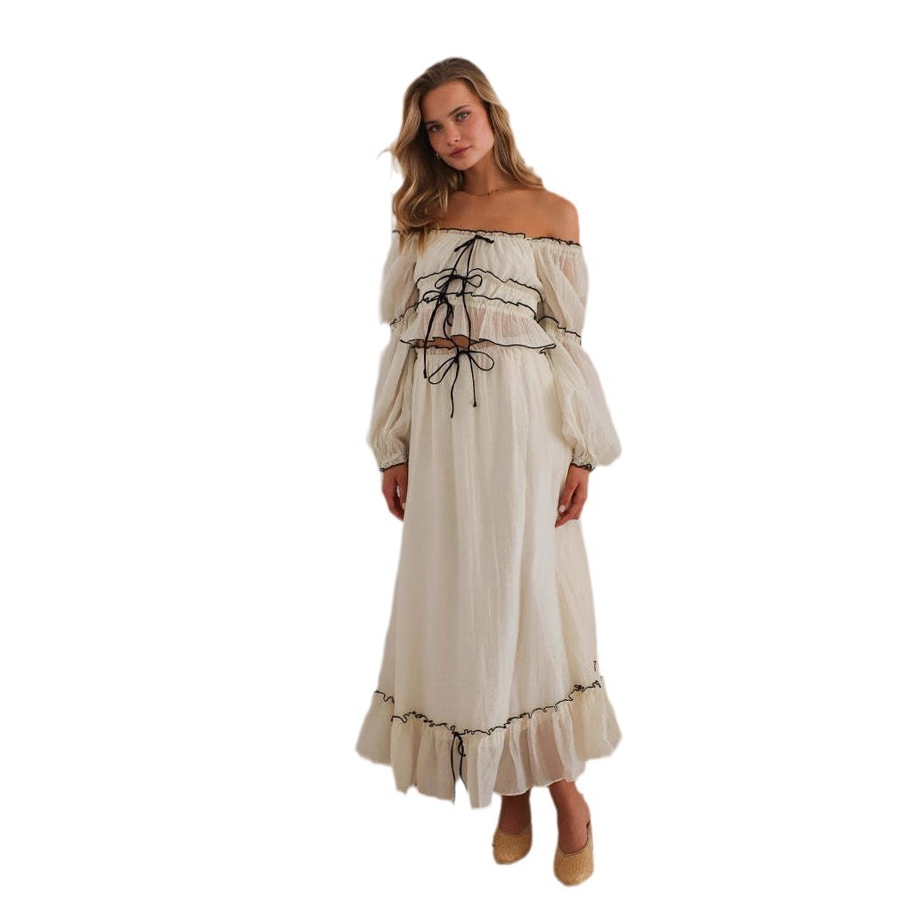Off-Neck Puff Sleeve Vacation Top Suit