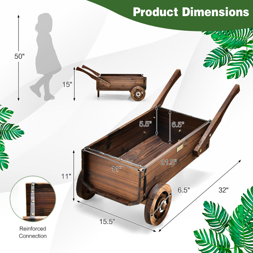Wooden Wagon Planter Box With Wheels Handles And Drainage Hole