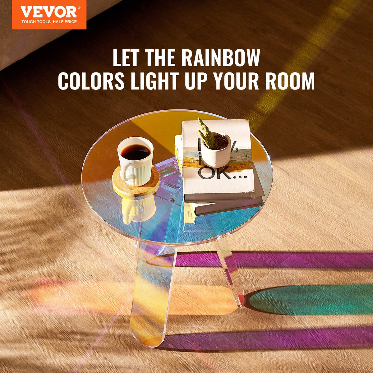 Round Iridescent Side Table, Acrylic End Table, Clear Rainbow Acrylic Coffee Table For Drink, Food, Snack Used In Living Room, Bedroom, And Study