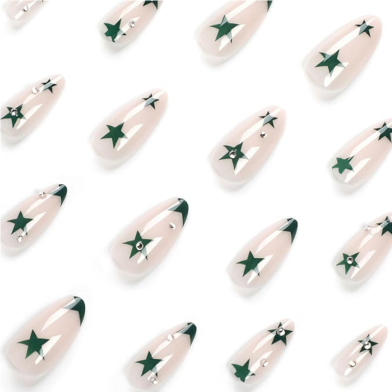 24 PCS Green Star Nail Art, Length Long Water Pipe Fake Nails, Had Nail Tips False Nail