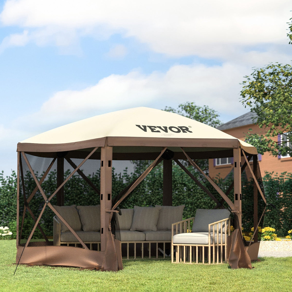 VEVOR Camping Gazebo Tent, 6 Sided Pop-up Canopy Screen Tent For 8 Person Camping, Waterproof Screen Shelter Portable Storage Bag, Ground Stakes, Mesh Windows, Brown & Beige