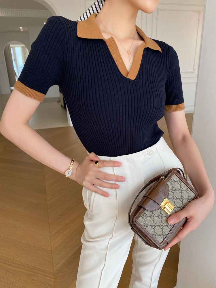 Contrast Color V Neck Short Sleeved Sweater