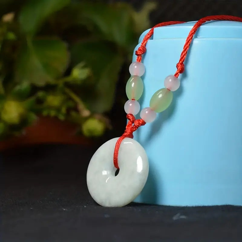Peace Donut Healing Crystal Jadeite,Circle Coin Shaped Stone Pendant Adjustable Braided Cord Necklace For Inner Peace