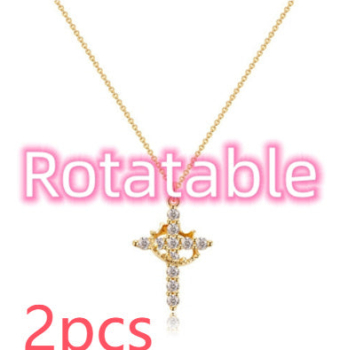 Fashion Jewelry Cross Full Diamond Crown Rotatable Necklace
