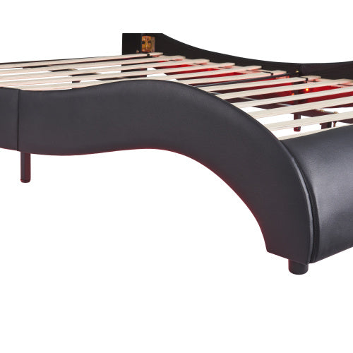 Full Size Upholstered Faux Leather Platform Bed With LED Light Bed Frame With Slatted - Black