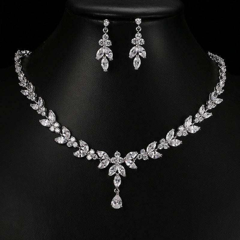 Korean Fashion Leaf Bridal Wedding Set Accessories Zircon Necklace Earrings Ring Bracelet Four-Piece Set