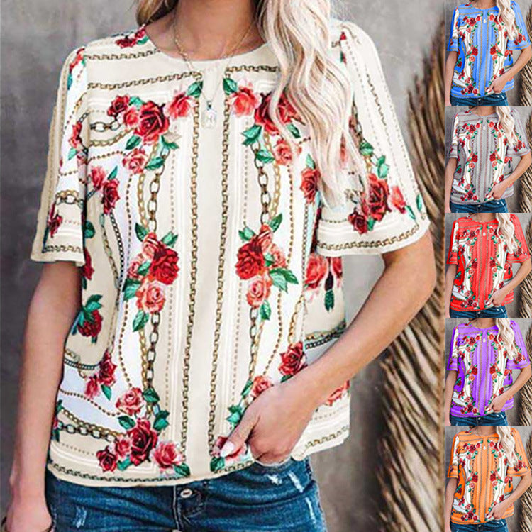 Women's Fashion Round Neck Short Sleeve T-Shirt Print Top