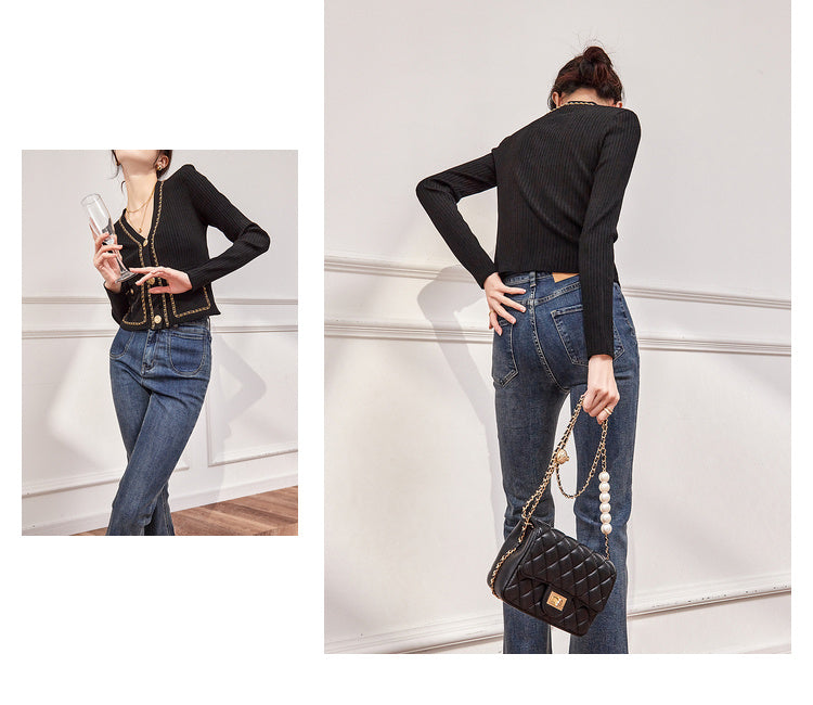 French High End Light Luxury Short Style Black Knit Cardigan