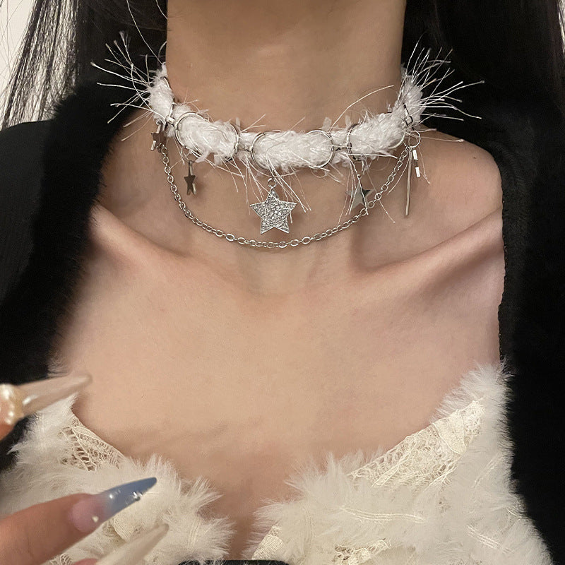 White Plush Choker XINGX Double Layer Necklace