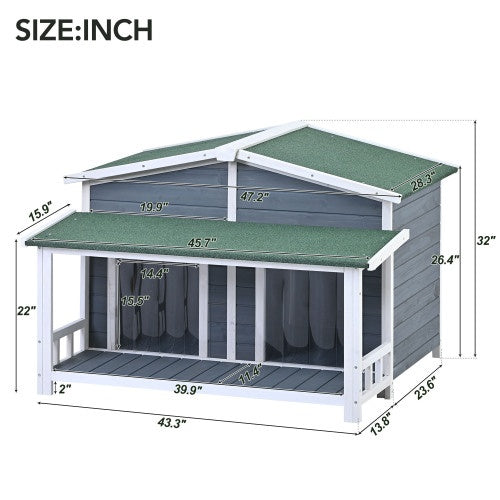 GO 47.2 Large Wooden Dog House Outdoor, Outdoor & Indoor Dog Crate, Cabin Style, With Porch, 2 Doors, Gray And Green