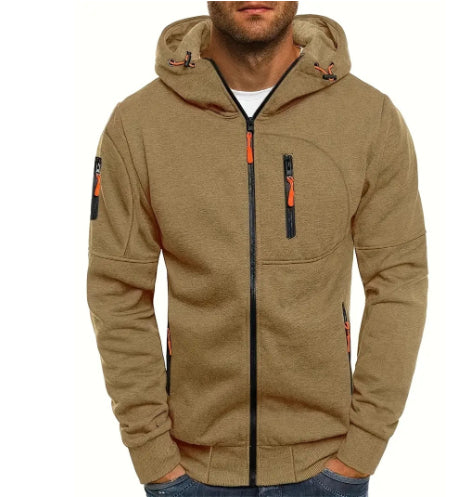Men's Casual Zipper Hooded Sweater Solid Color Sports Fitness Jackets Cardigan