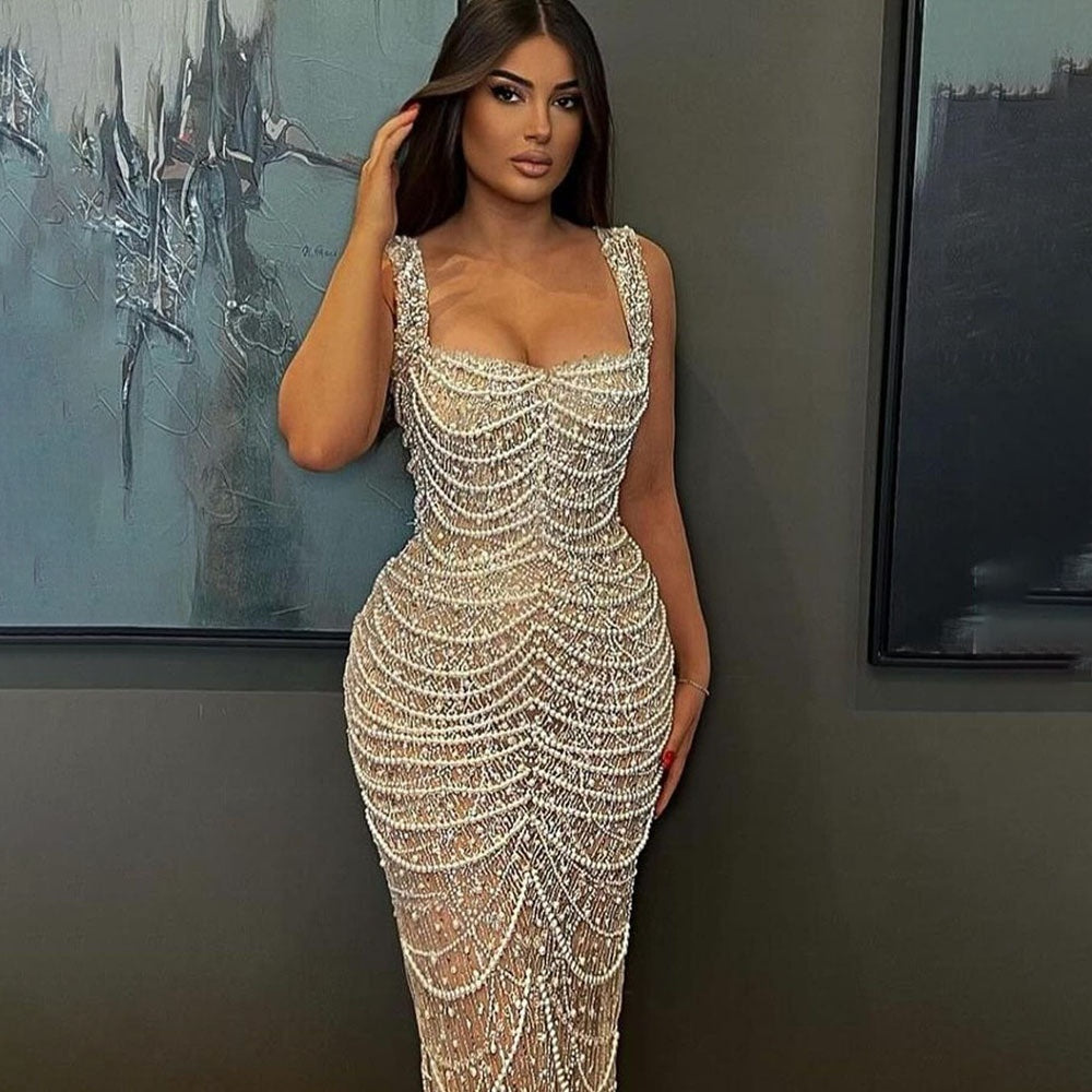 Nude Elegant Sling Light Luxury High-End Pearl Beaded Dress