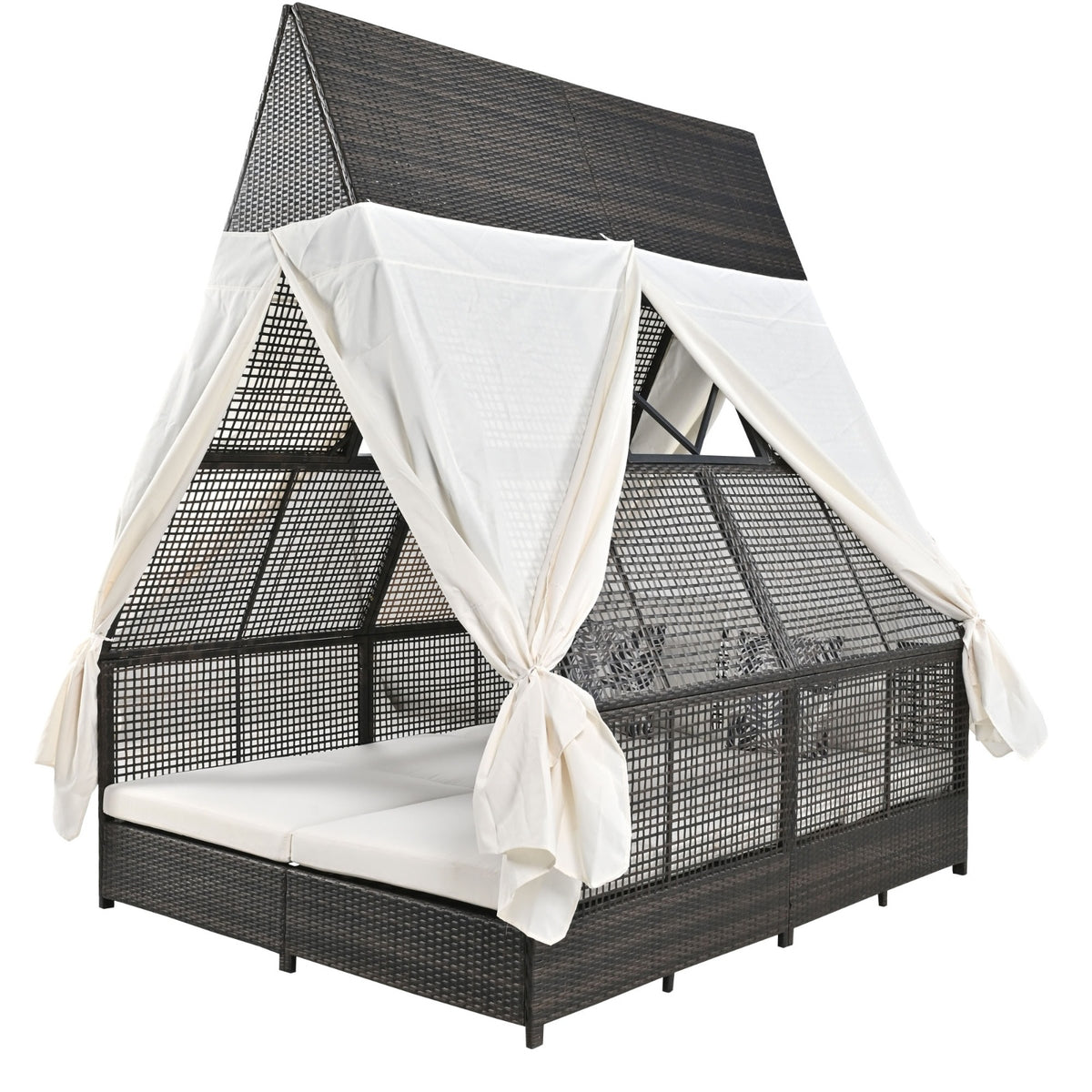 Outdoor Daybed With Adjustable Backrest And Curtains, Double Sun Lounger