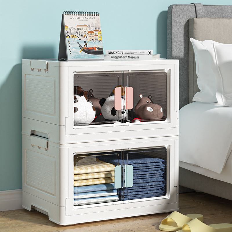 Folding Storage Box Transparent Side Double-Door Storage Cabinet with Wheels