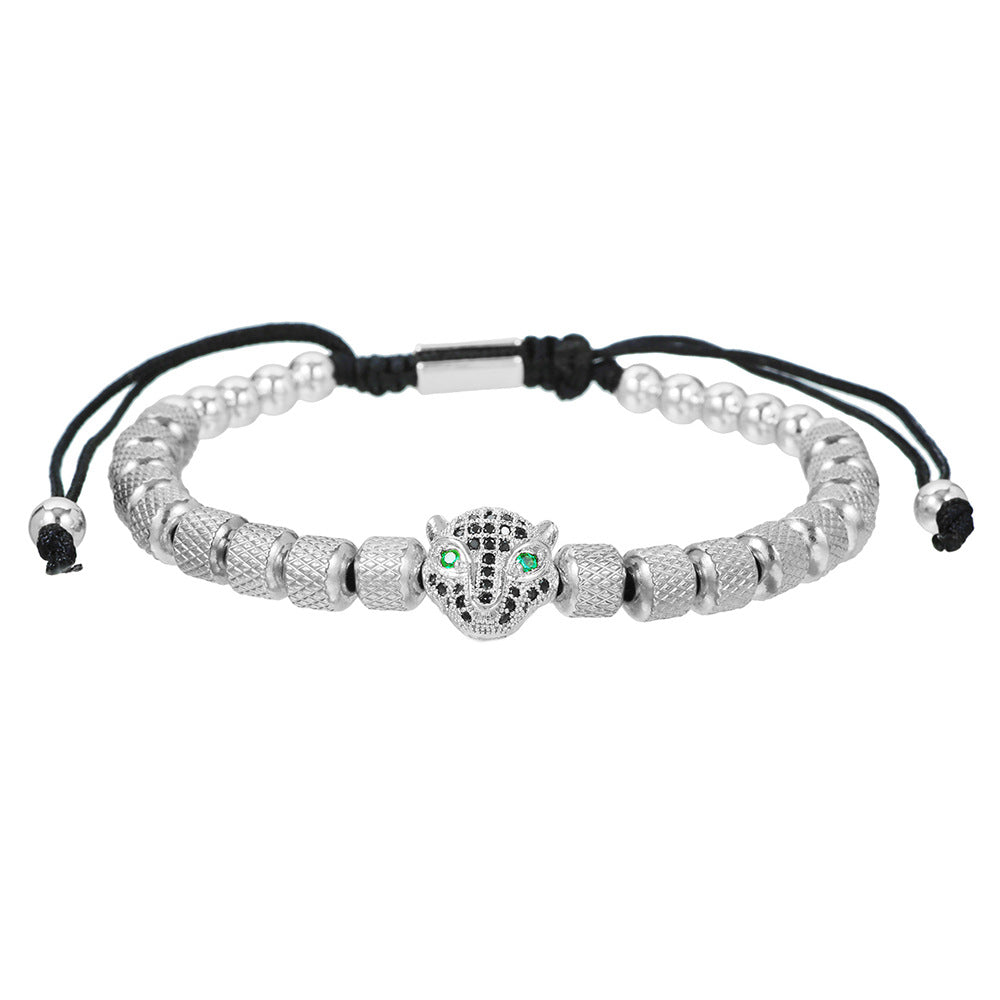 Zircon Leopard Head Stainless Steel Pineapple Bead Bracelet