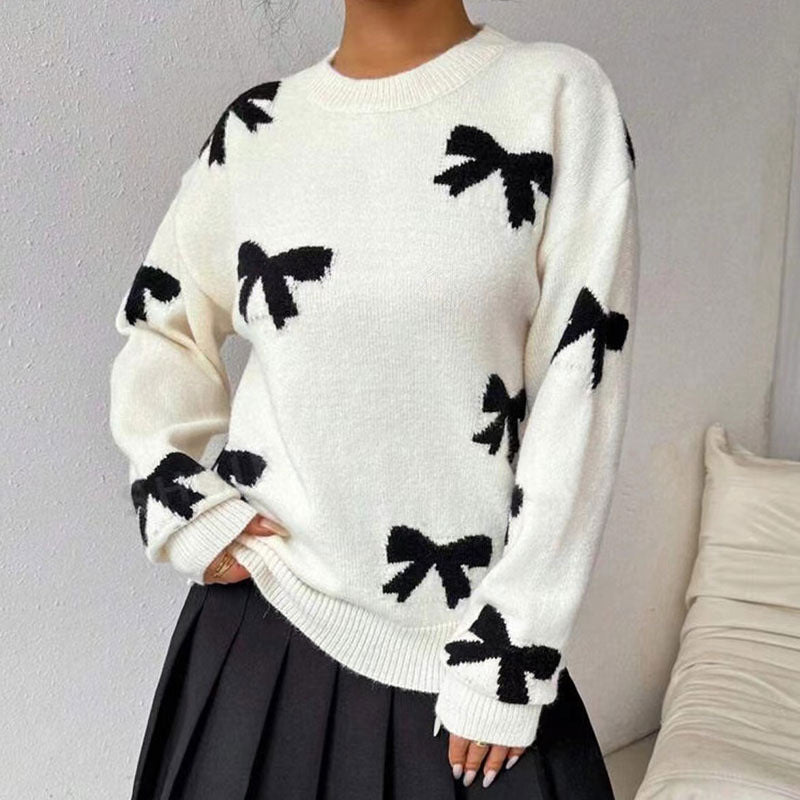 Autumn And Winter Round Neck Bow Jacquard Pullover Sweater