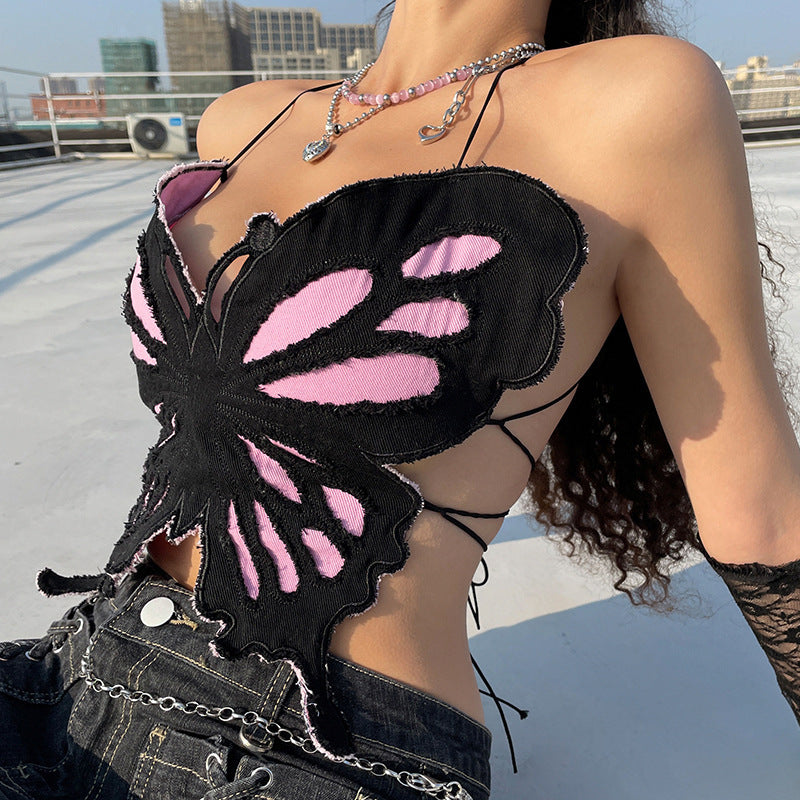 Contrast Color Butterfly V-Neck Slim Tube Top Vest
