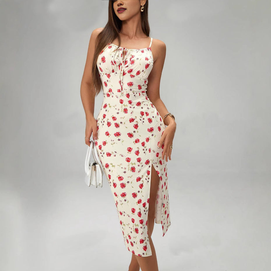 Summer Printed Suspender Split Dress Fashion Slim Lace-up Long Dresses For Women Clothing