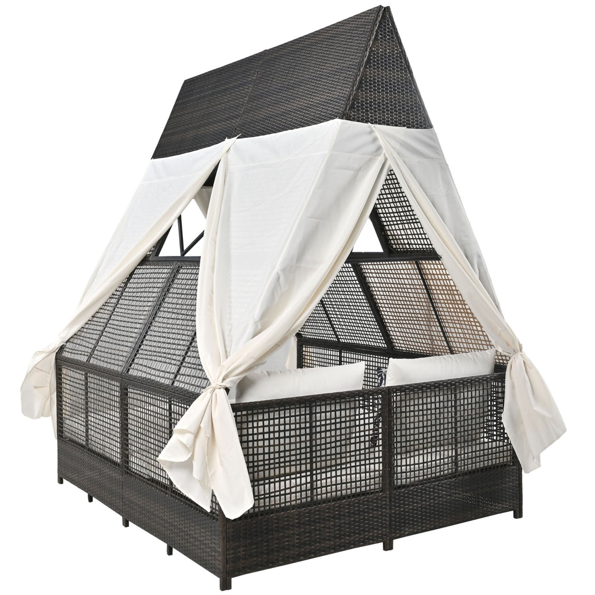 Outdoor Daybed With Adjustable Backrest And Curtains, Double Sun Lounger