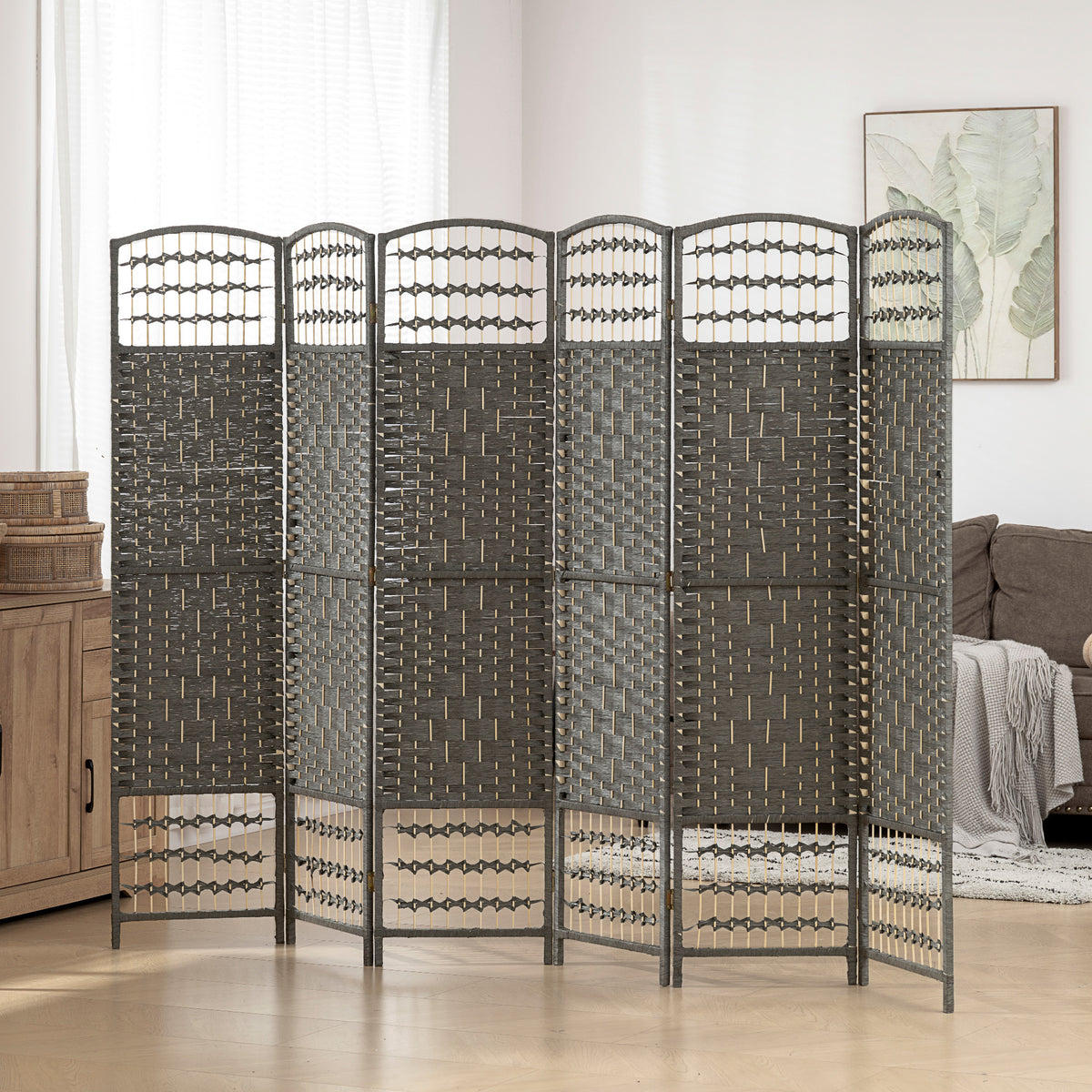 6 Panel Folding Room Divider Portable Privacy Screen Wave Fiber Room Partition for Home Office Dark Gray