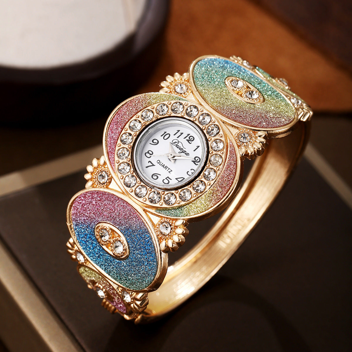 Oval Diamond Decoration Bangle Flower And Leaf Diamond Women's Quartz Watch
