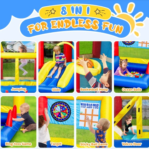 8 In 1 Inflatable Bounce House With Blower Basketball Hoop Ocean Balls Ring-Toss Game Target And Sticky Ball Game For Kids