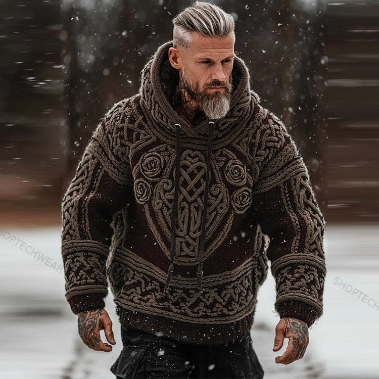 Mens Printed Hooded Knitted Sweatshirt Top