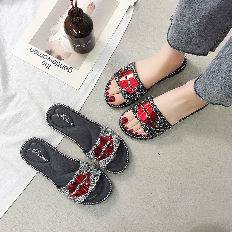 Lip Rhinestone Slippers