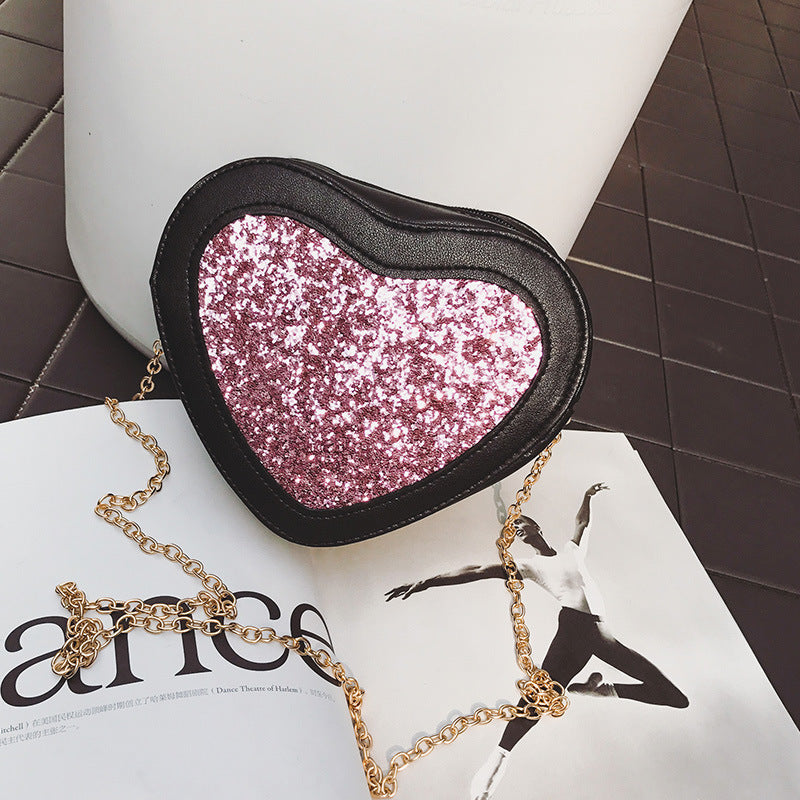 Korean Mini Love - Shaped Mini - Bag Personality Sequined Chain Bag Leisure with a Single Shoulder Crossbody Bag