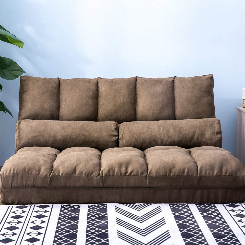 Double Chaise Lounge Sofa Chair Floor Couch with Two Pillows (Brown)